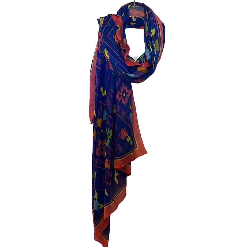 Bright Southwestern Print Sheer Scarf Blue Pink Boho Festival Wrap